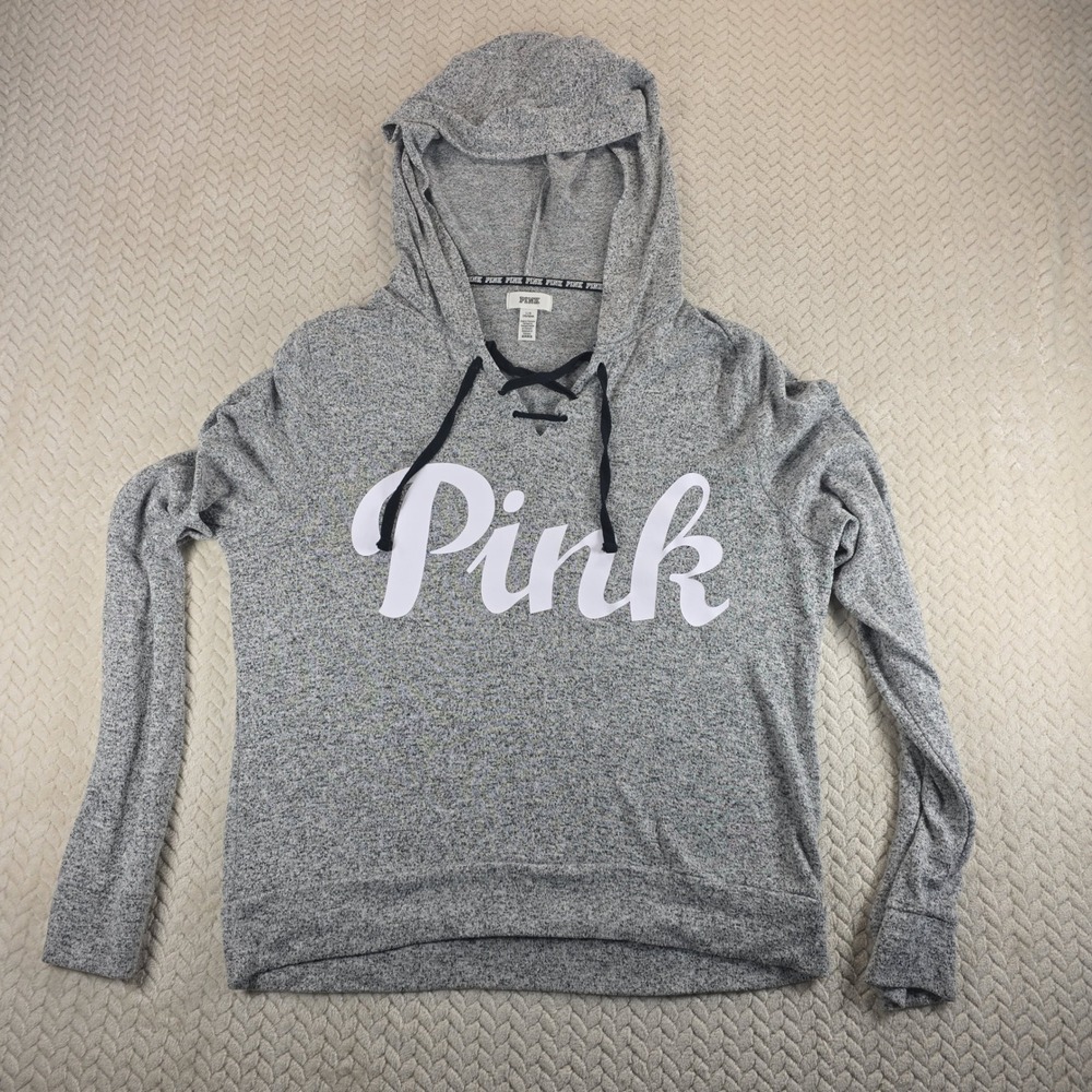 Y2K PINK Victoria's Secret Gray Lace Up Logo Hoodie Sweatshirt Large